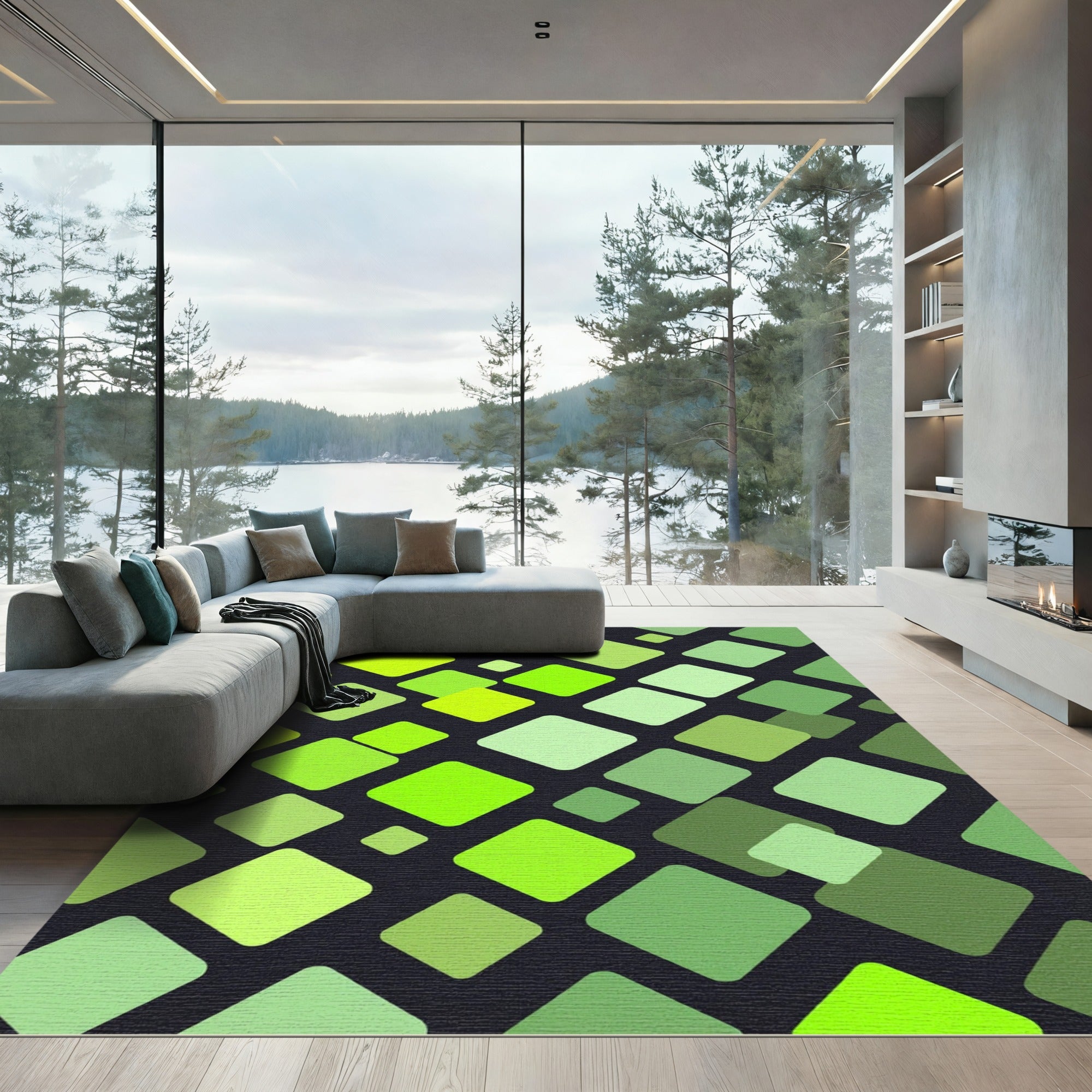 Vibrant Lime Green Geometric Square Mosaic Rug