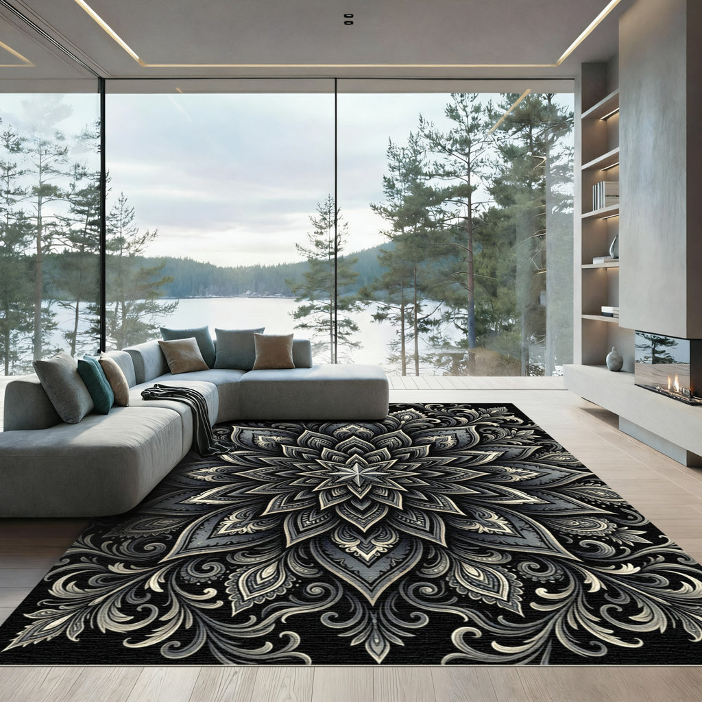 Monochromatic Slate Floral Mandala Rug
