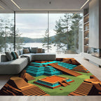 Teal Orange Stepped Ancient Temple Architecture Rug