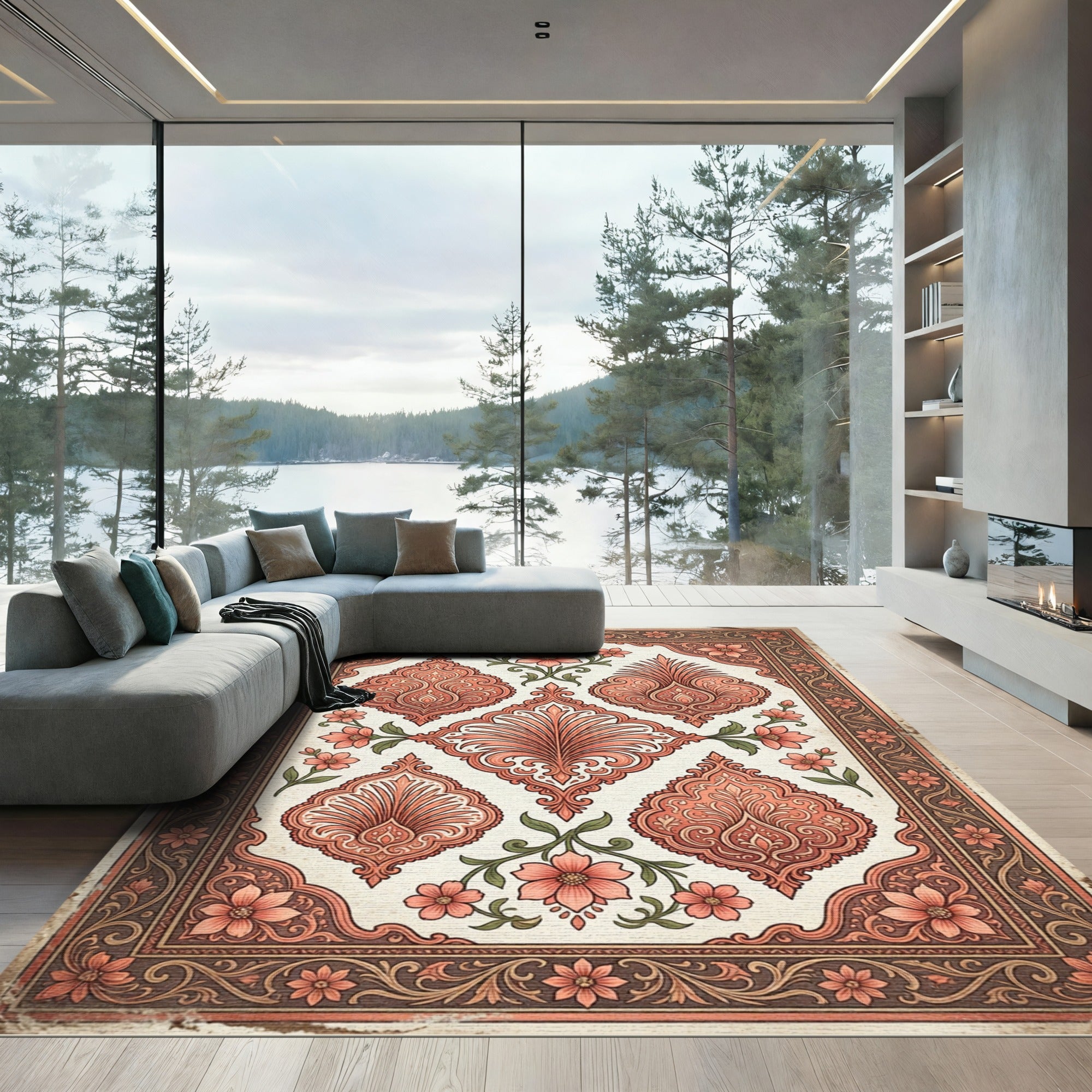 Coral Red Floral Scroll Medallion Rug