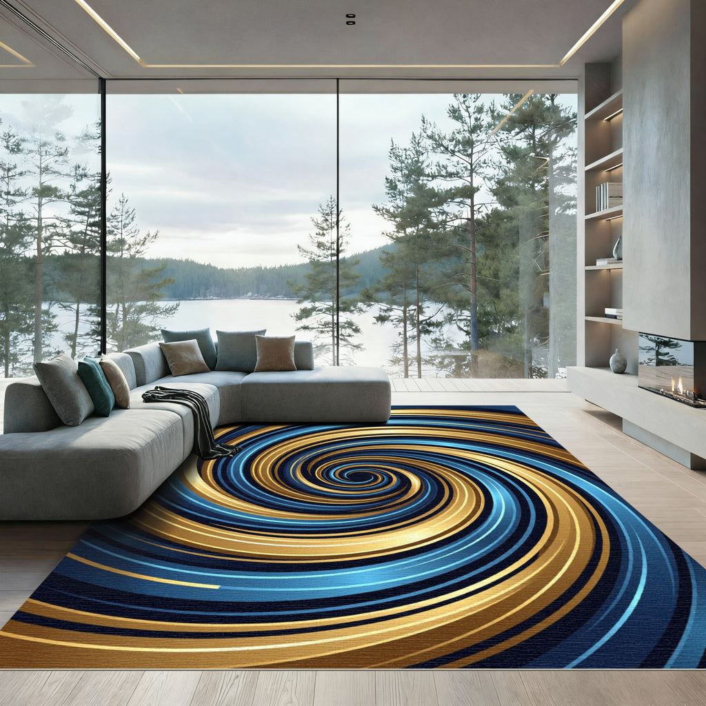 Golden And Navy Abstract Spiral Swirl Rug