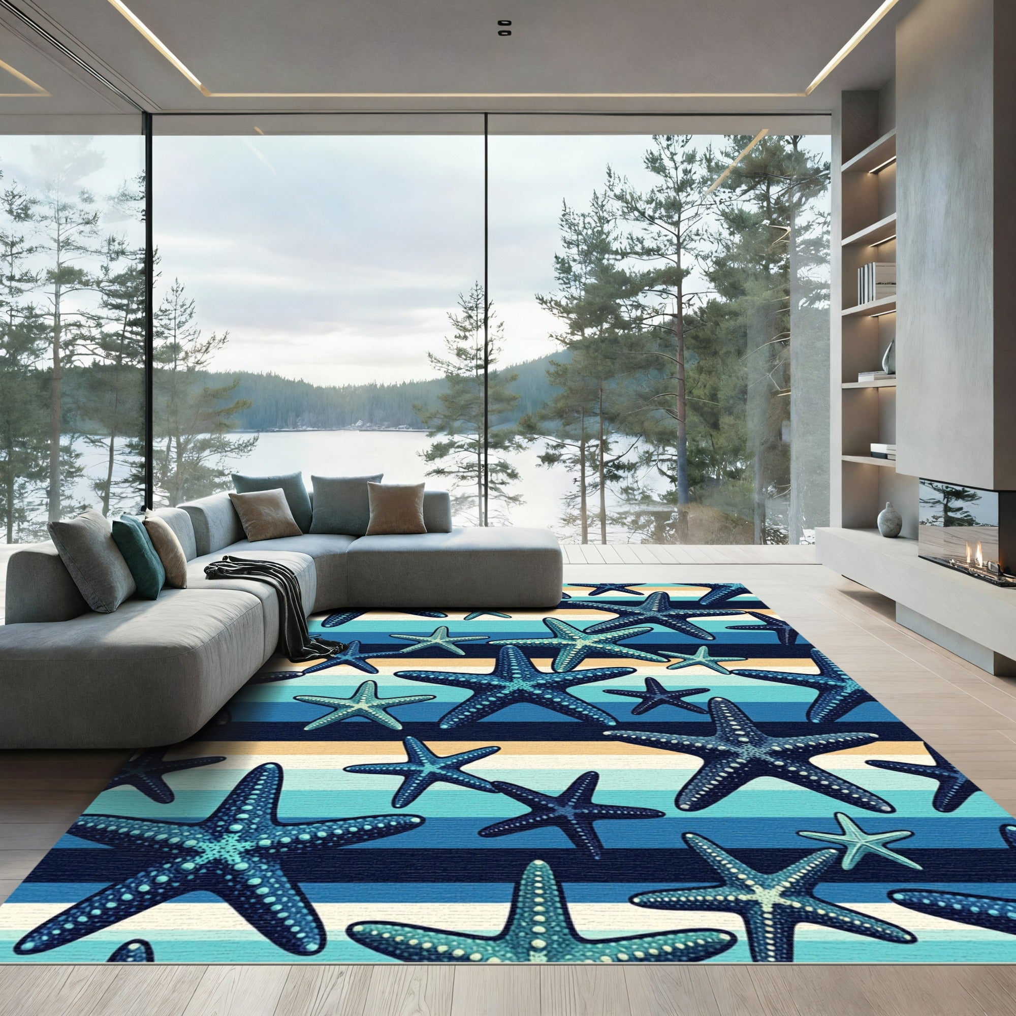 Coastal Blue Starfish Striped Rug