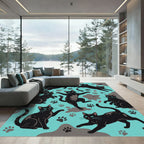 Playful Black Cats Turquoise Paw Prints Rug