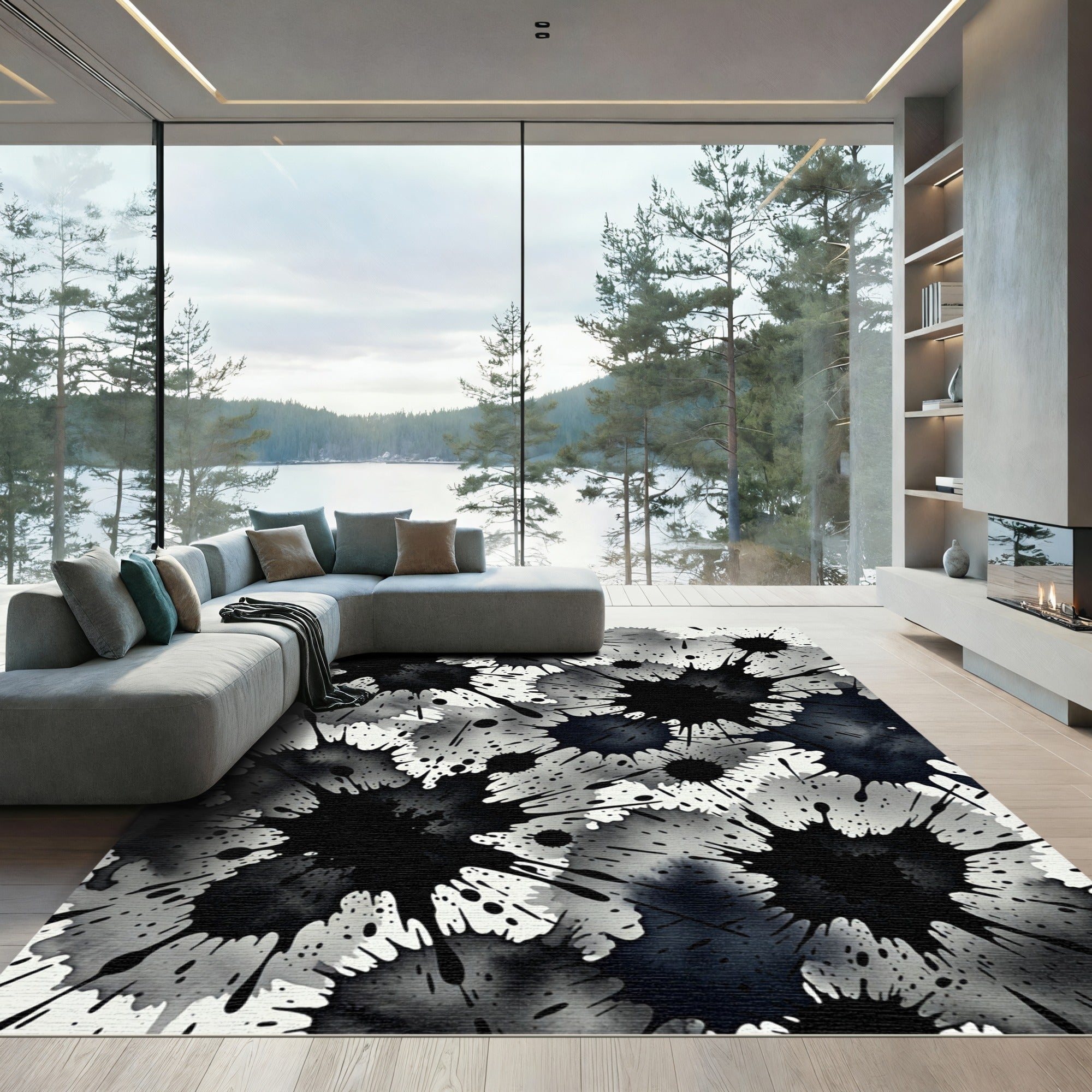 Grunge Splatter Inkburst Black White Rug