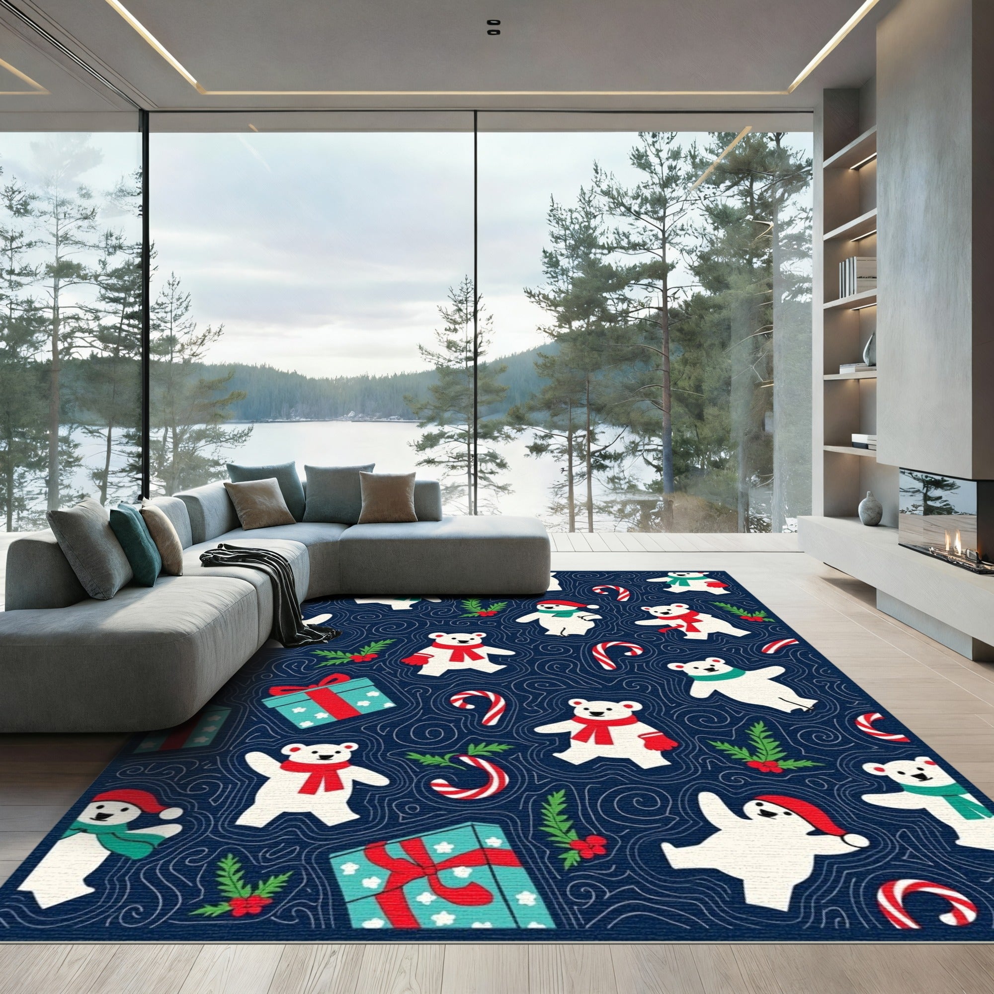 Blue Polar Bears Candy Cane Holiday Rug