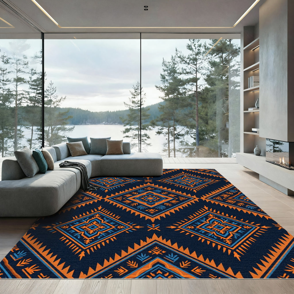 Tribal Orange Blue Diamond Medallion Rug