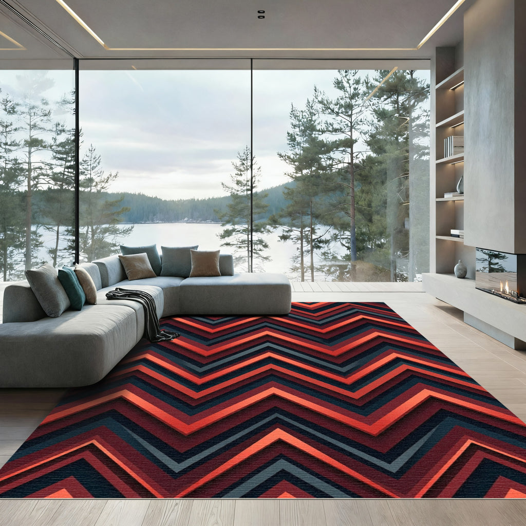 Vibrant Red Jagged Stripe Layer Rug