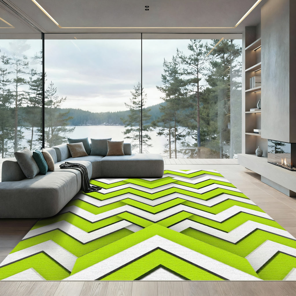 Vibrant Lime Green Geometric Chevron Rug