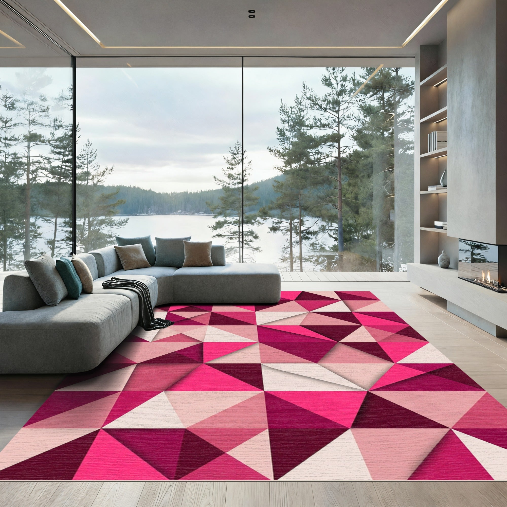 Modern Geometric Pink Triangle Mosaic Rug