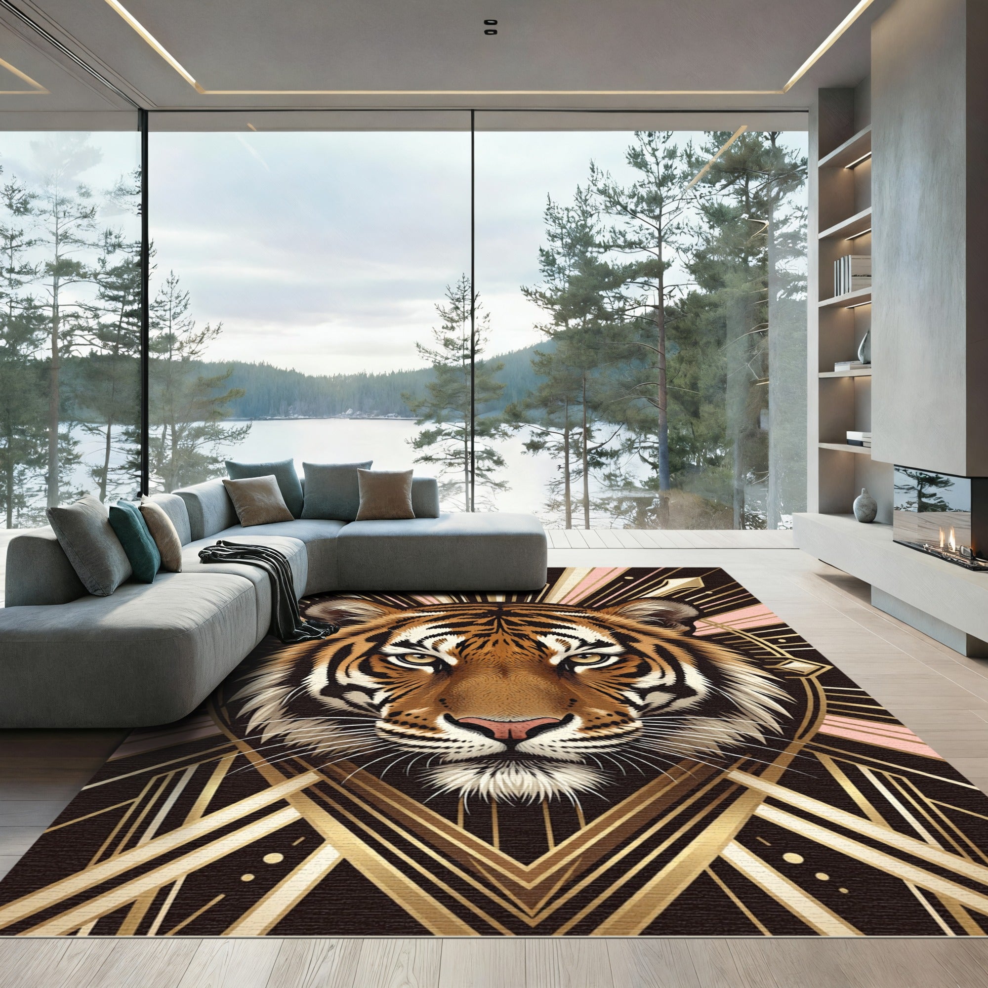 Majestic Tiger Art Deco Rose Gold Rug