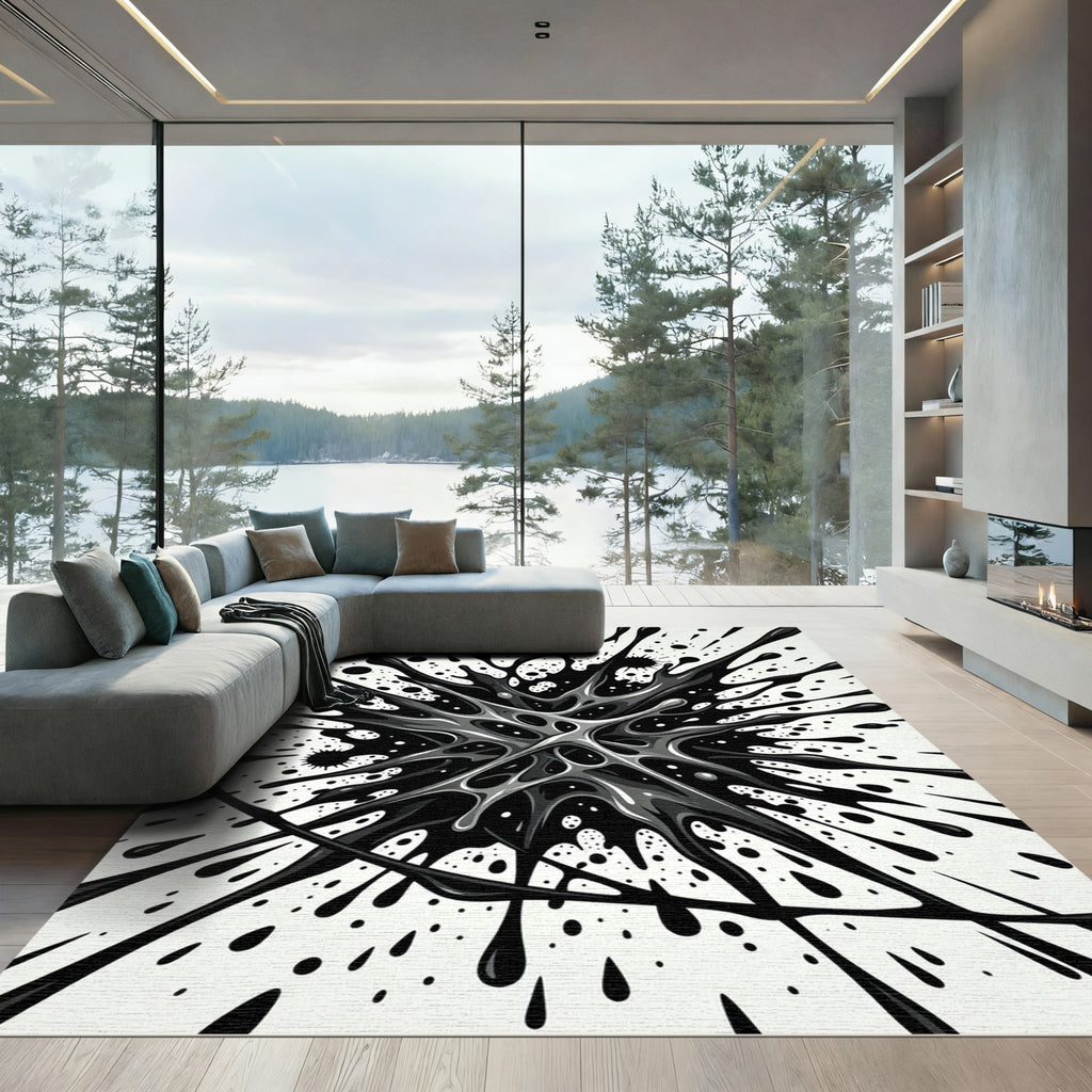 Monochrome Abstract Liquid Ink Splatter Rug