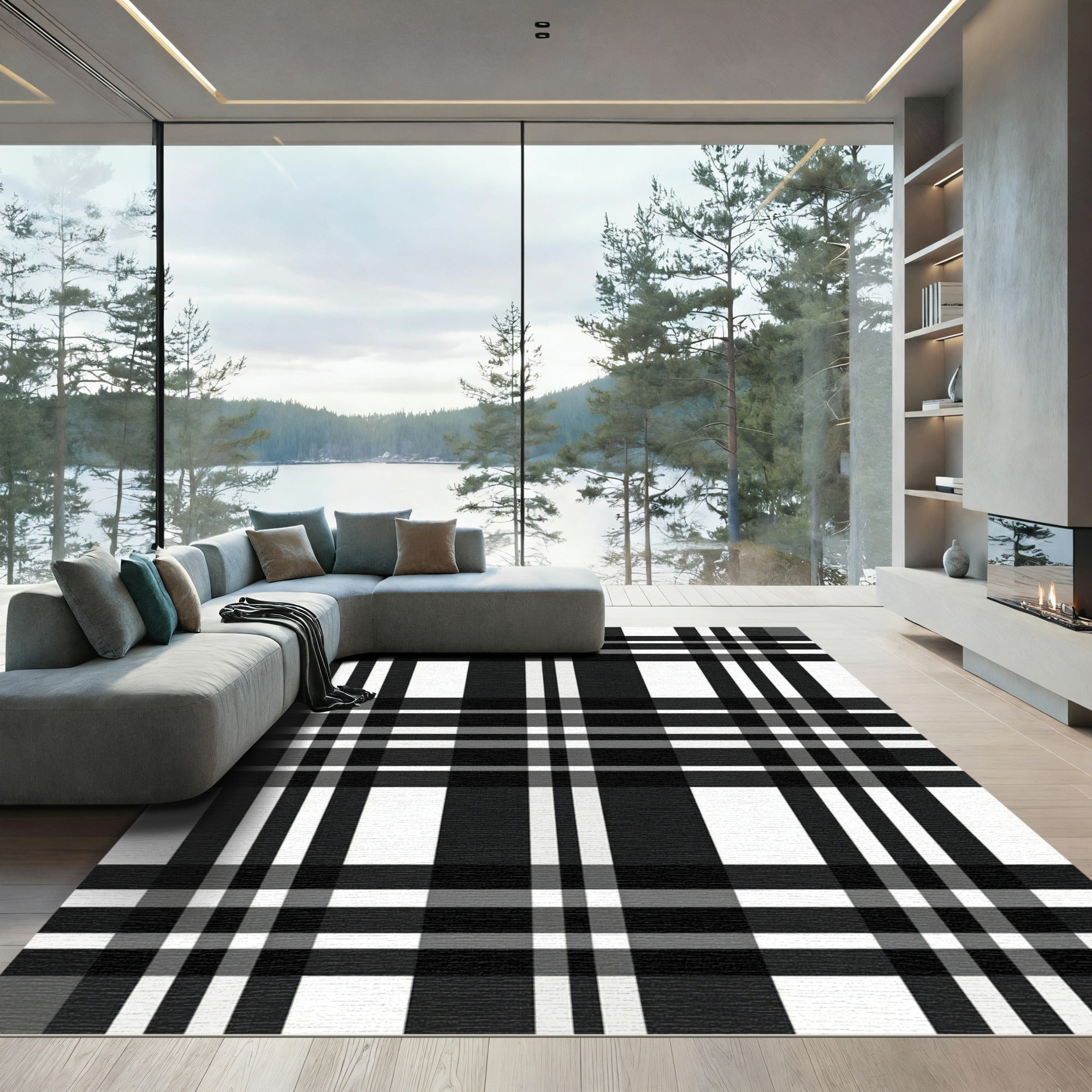Classic Black White Plaid Stripes Rug