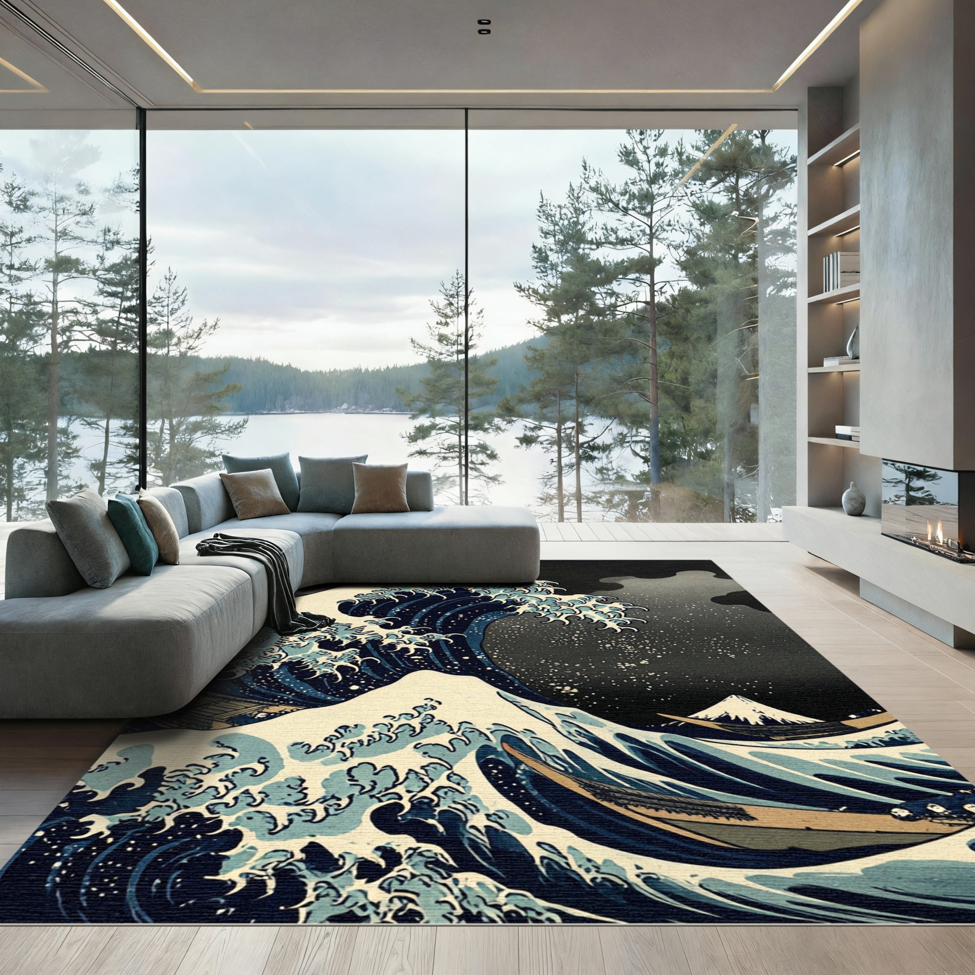Deep Blue Ocean Wave Mountain Scene Rug