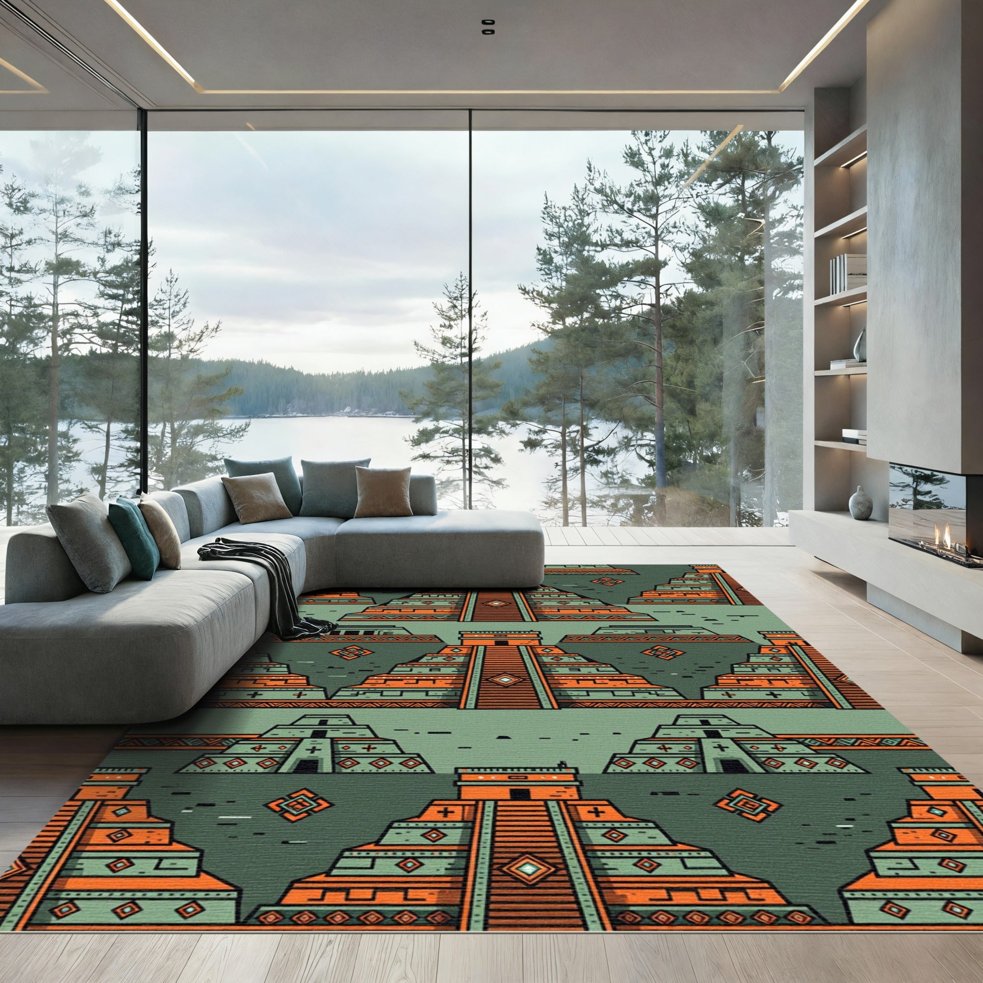 Geometric Aztec Orange Teal Step Pyramid Rug