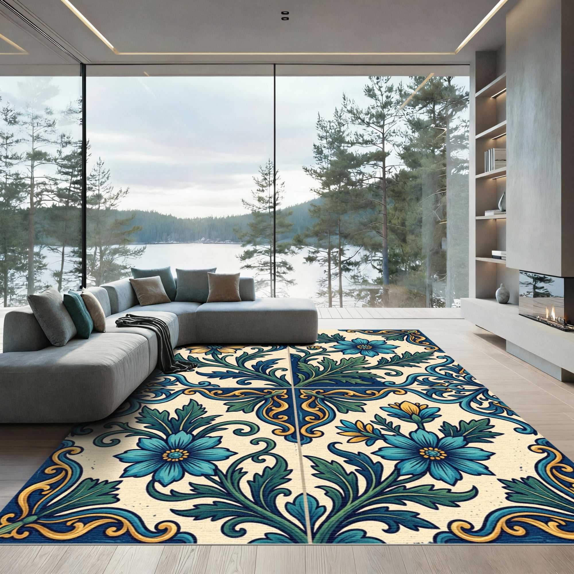 Ornate Teal Yellow Floral Scrolls Rug