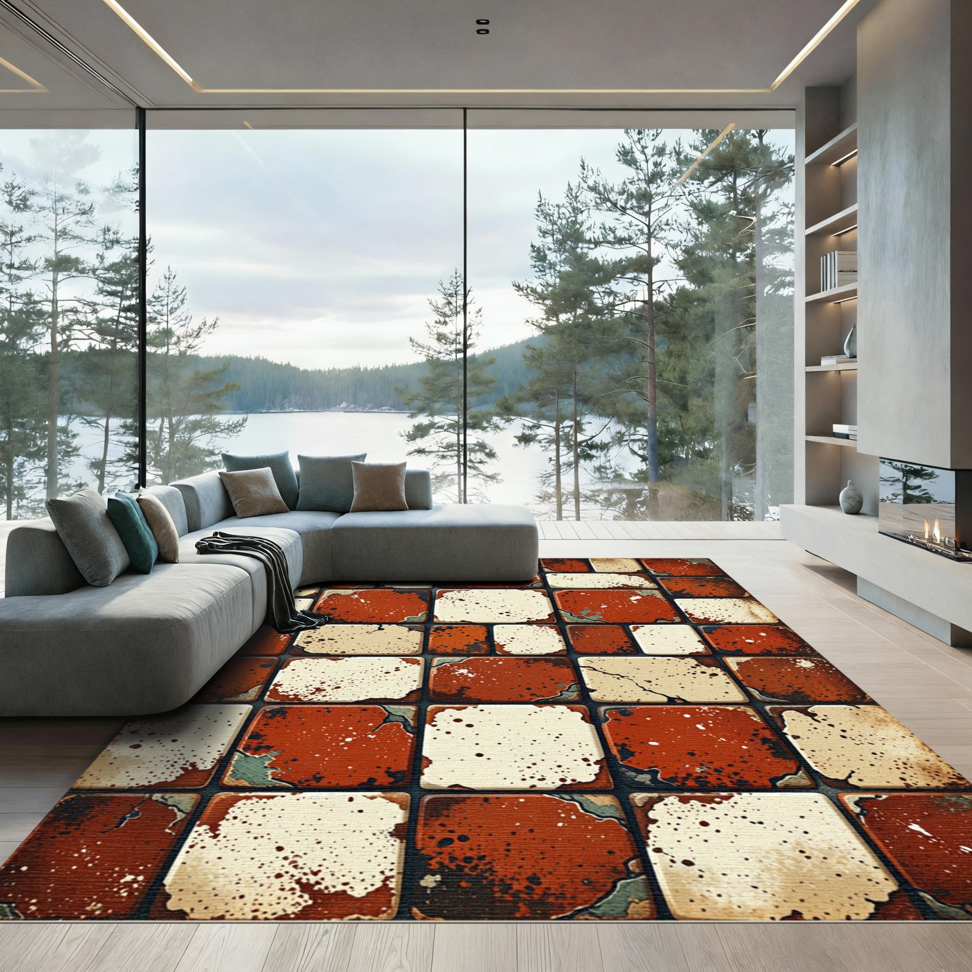 Distressed Terracotta Cream Mosaic Tile Rug