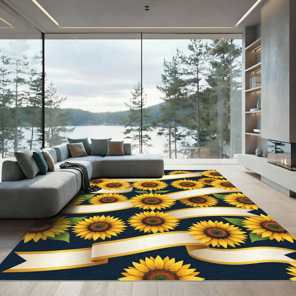 Sunlit Golden Sunflower Ribbon Scroll Rug