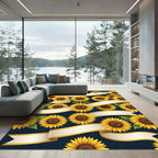 Sunlit Golden Sunflower Ribbon Scroll Rug