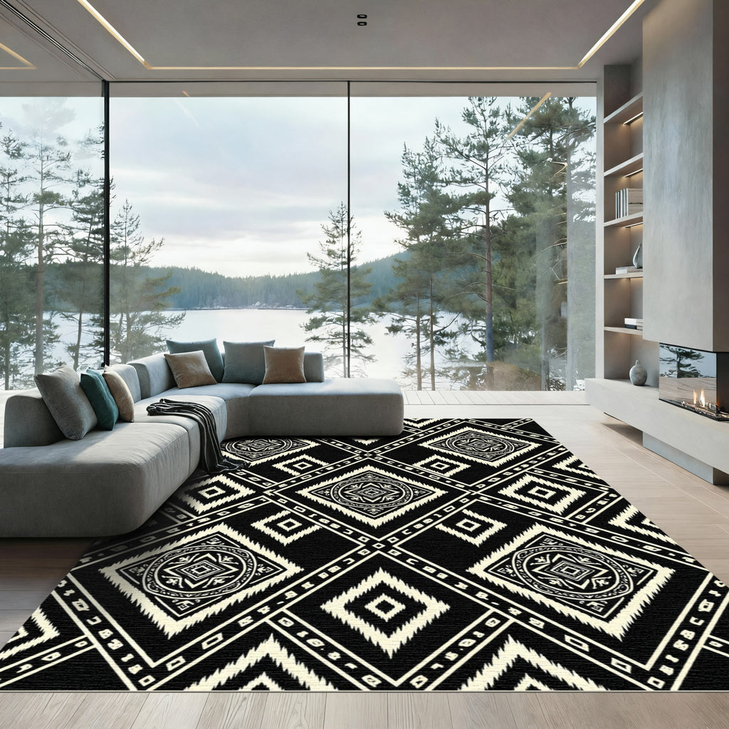 Monochrome Ikat Diamond Geometric Art Rug