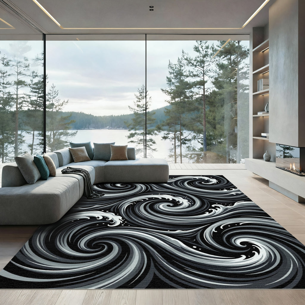Monochromatic Swirling Ocean Waves Rug