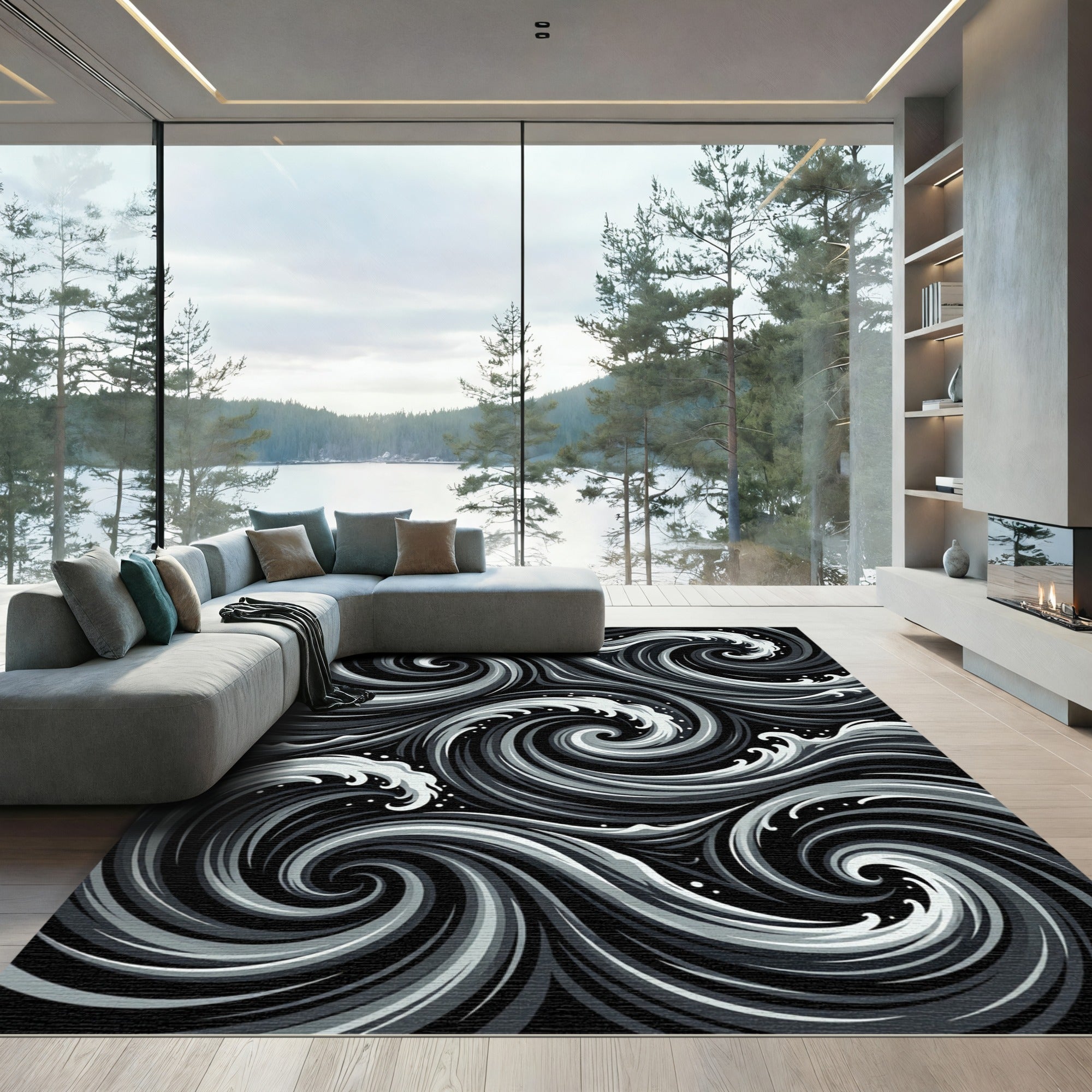 Monochromatic Swirling Ocean Waves Rug