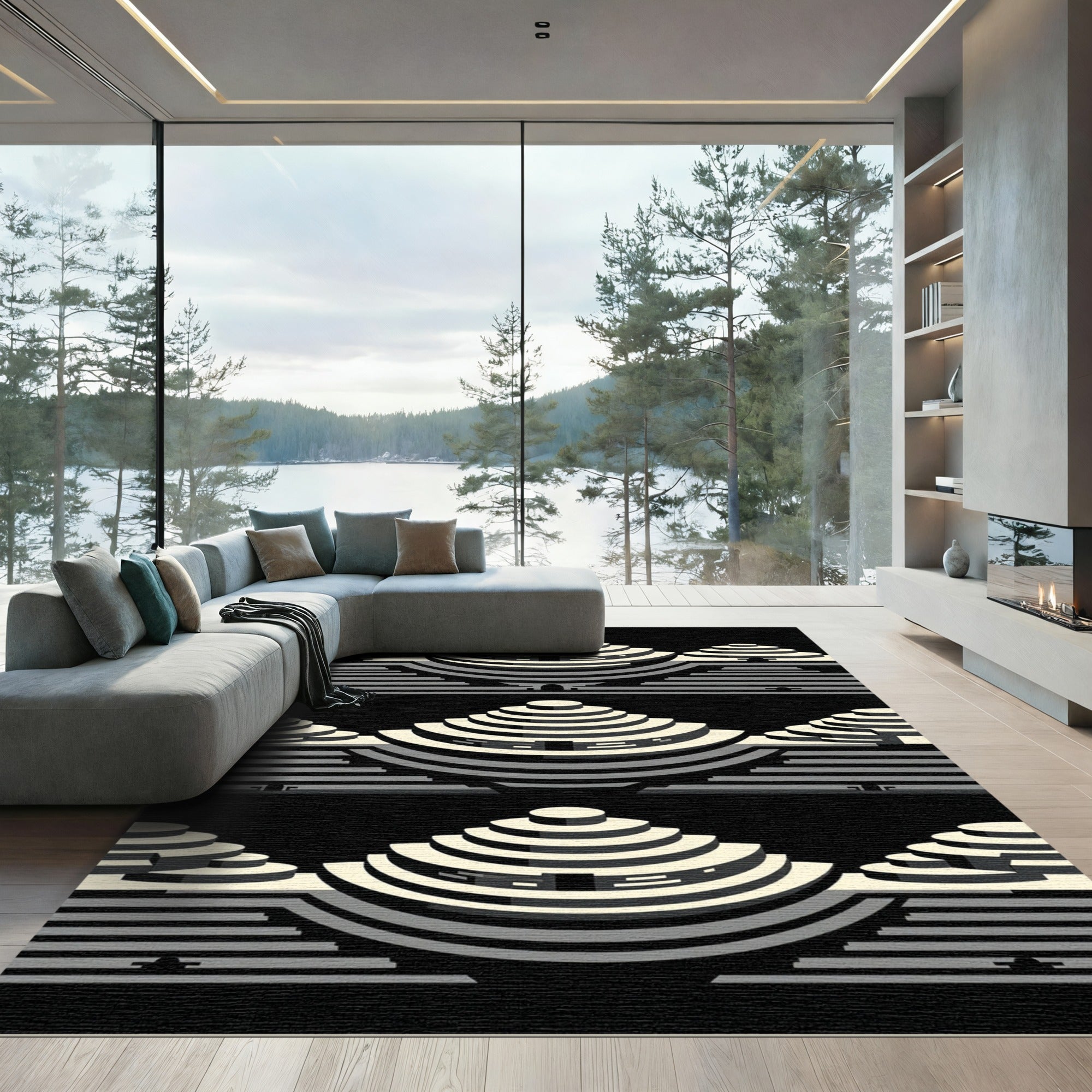 Monochrome Geometric Step Pyramid Rug