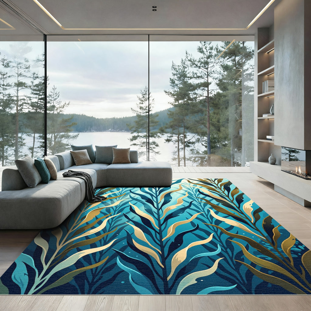 Lush Teal and Gold Kelp Forest Rug
