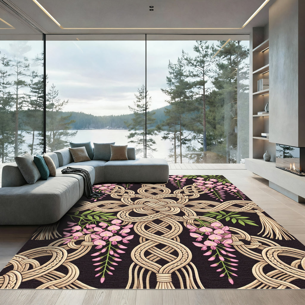 Macrame Wisteria Knot Braided Floral Black Rug