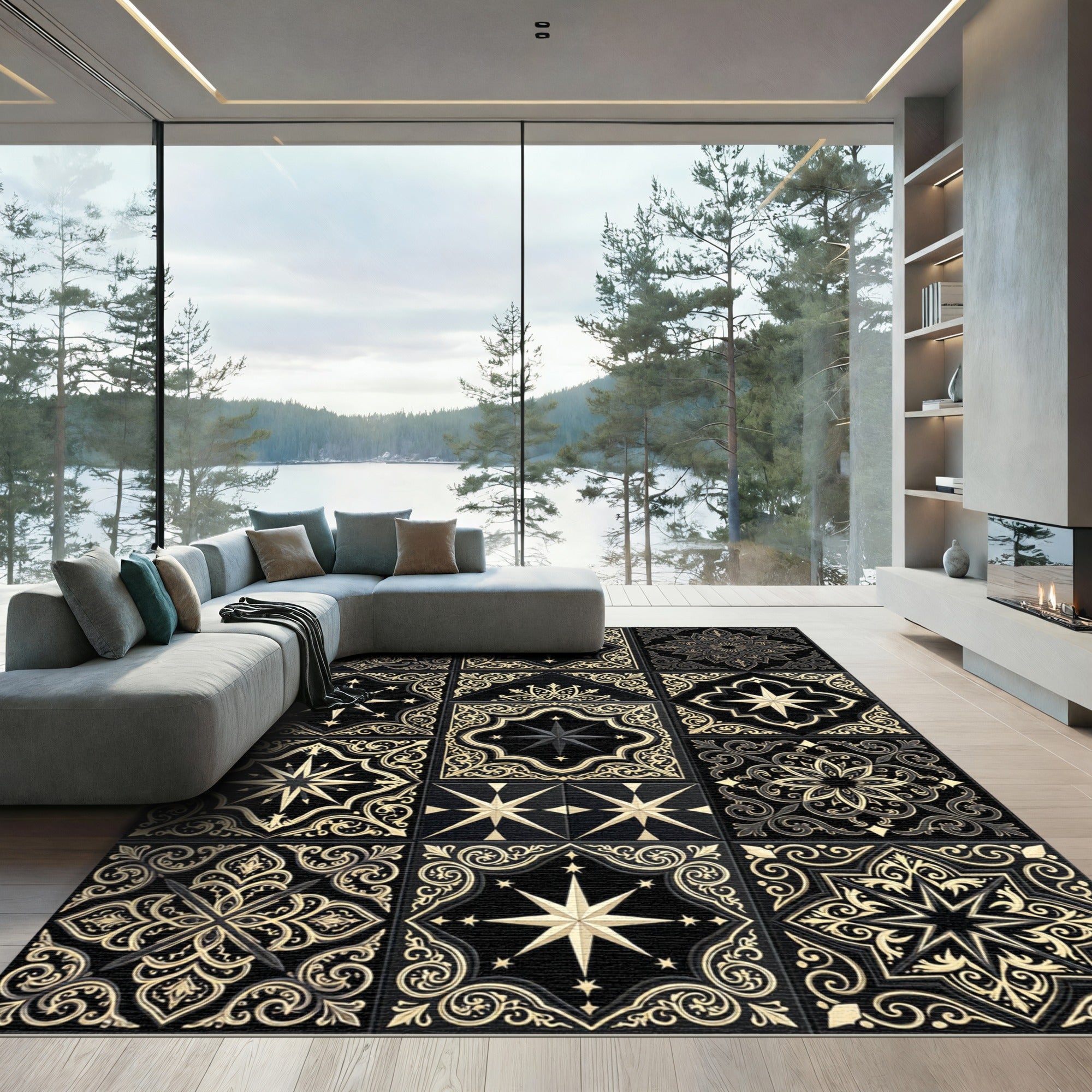 Black Gold Celestial Tile Medallion Rug
