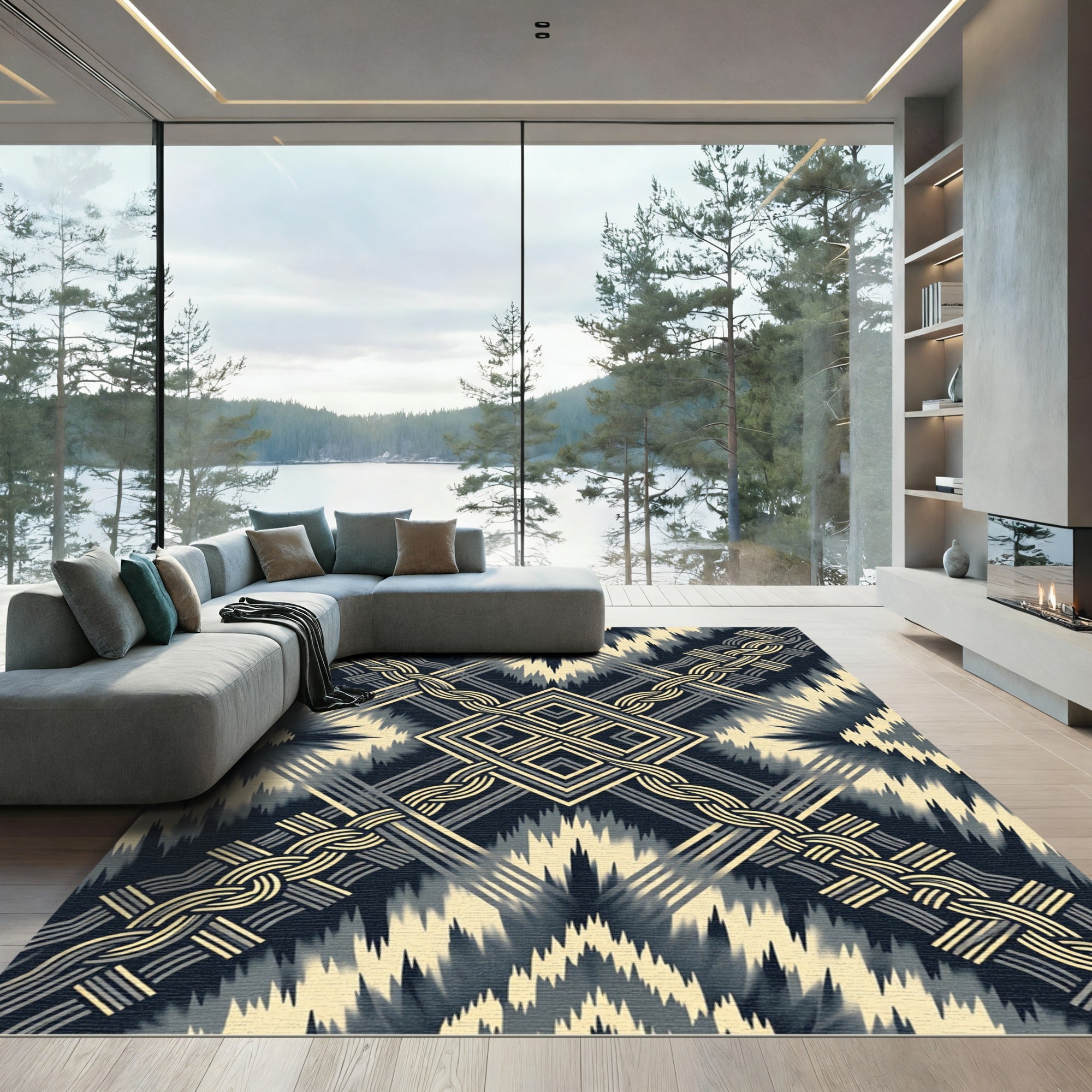 Geometric Gold And Navy Braided Lines Rug