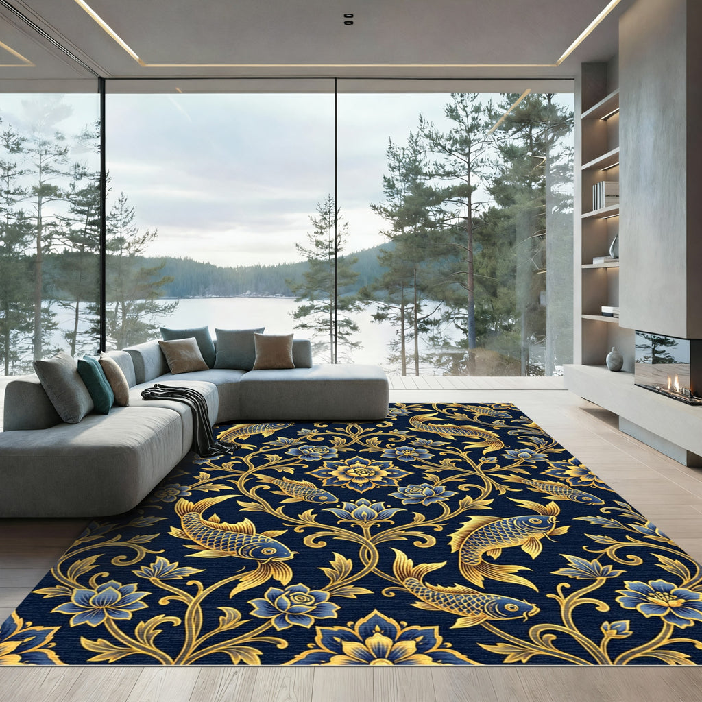 Golden Koi Fish Navy Floral Scroll Rug
