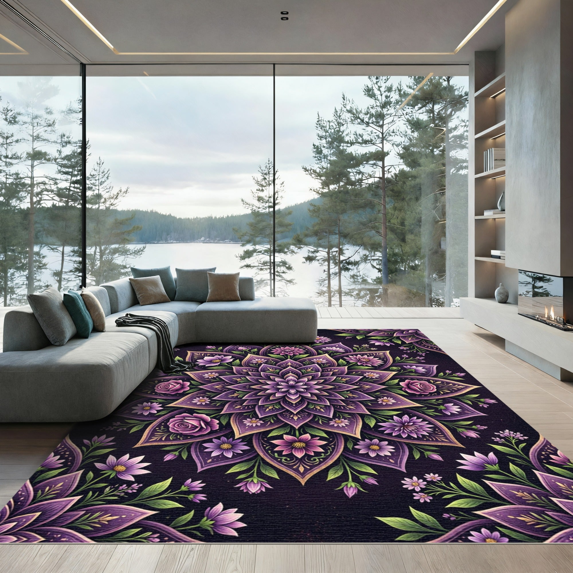 Elegant Purple Floral Mandala Medallion Rug