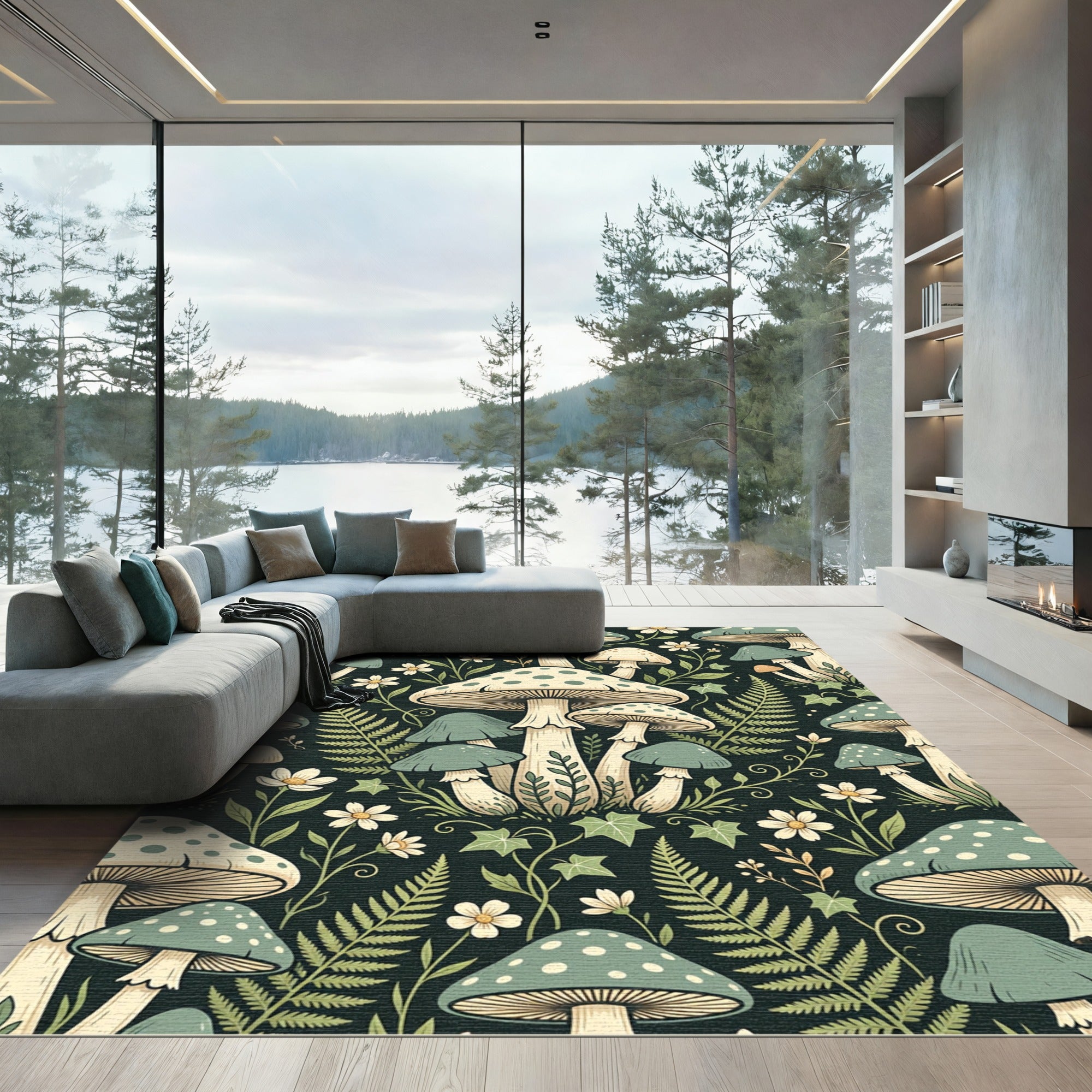Whimsical Sage Mushroom Forest Fern Rug