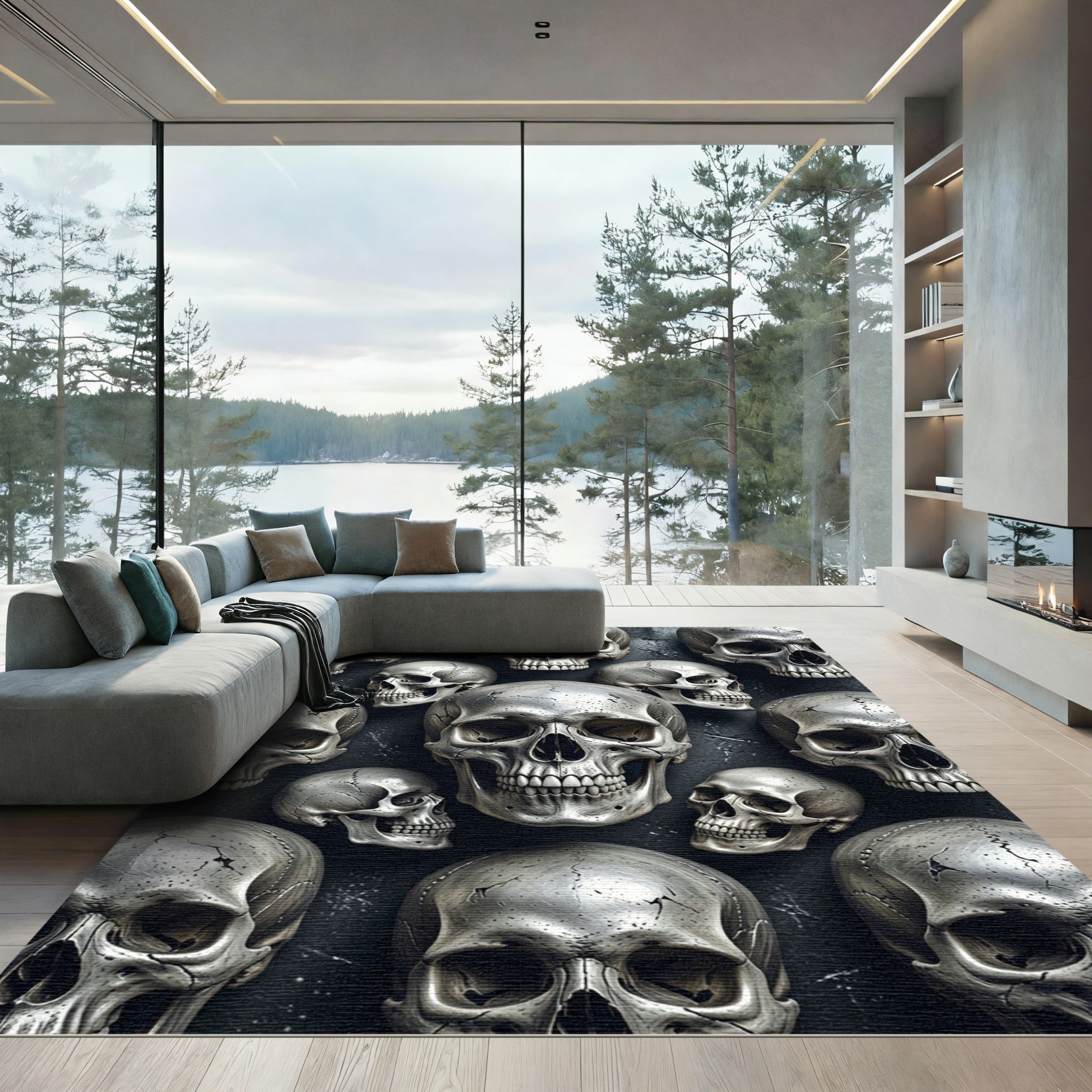Metallic Silver Skull Monochromatic Arrangement Rug