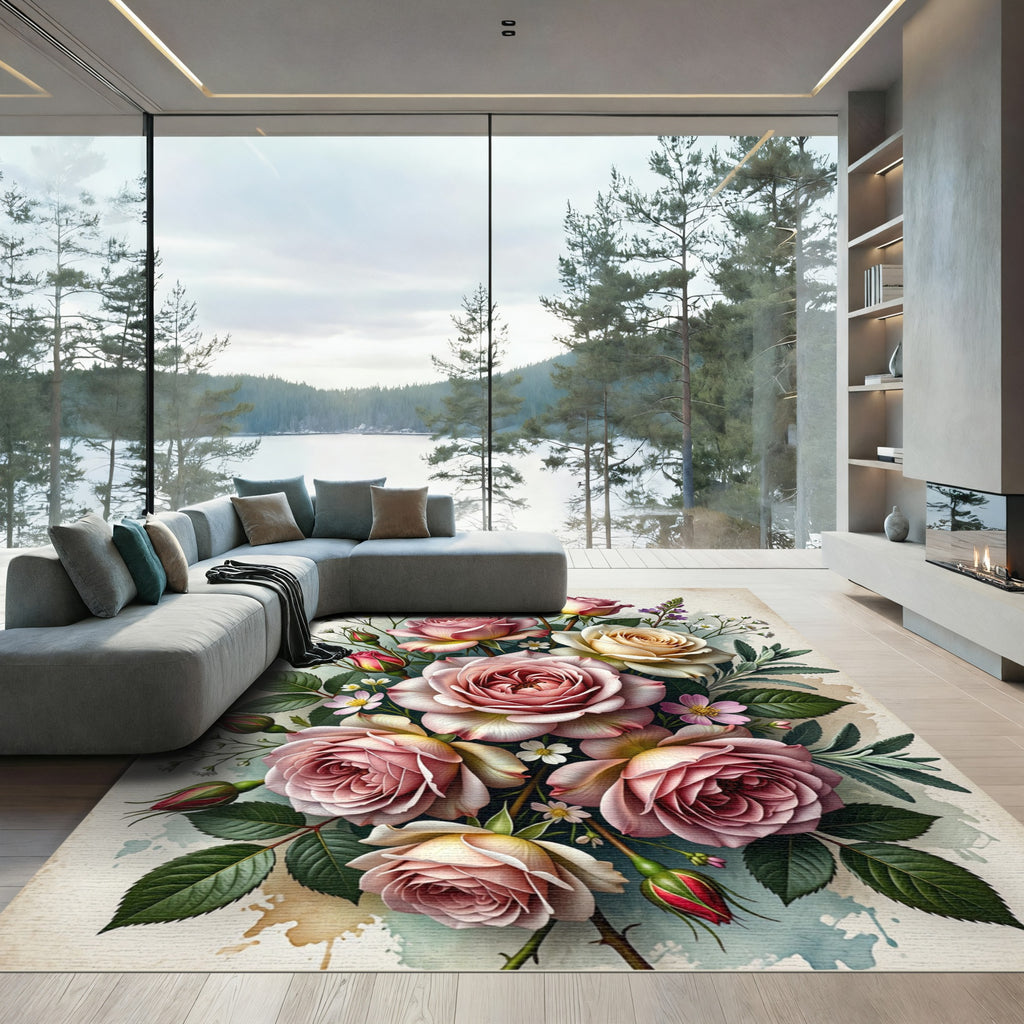 Elegant Pastel Rose Floral Bouquet Rug