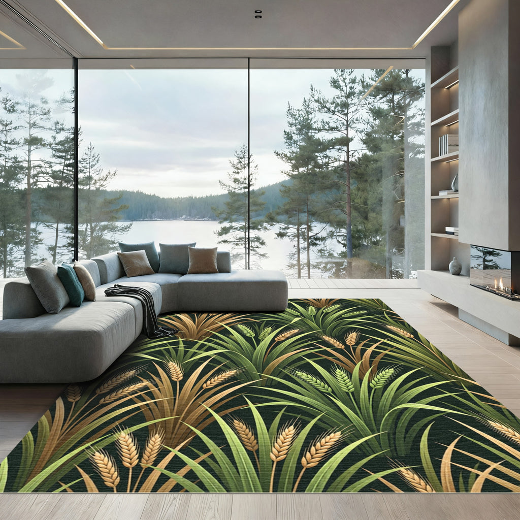 Golden Wheat Stalks Botanical Forest Green Rug
