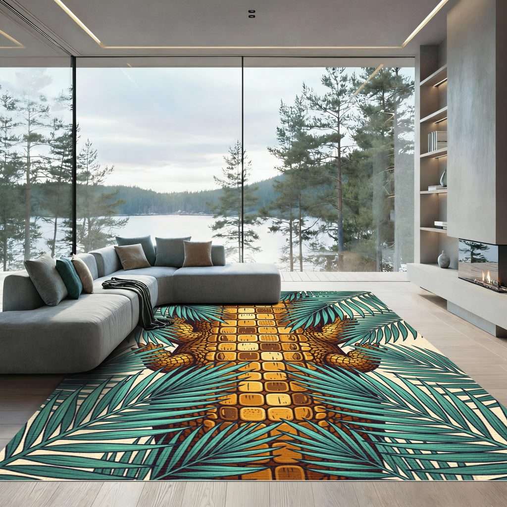 Golden Reptile Texture with Teal Foliage Rug