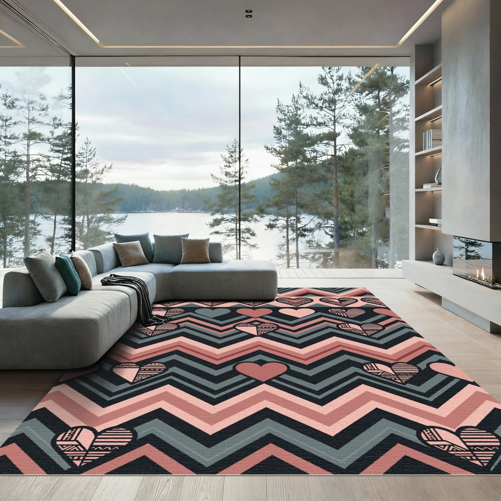 Earthy Chevron Heart Geometric Tapestry Rug