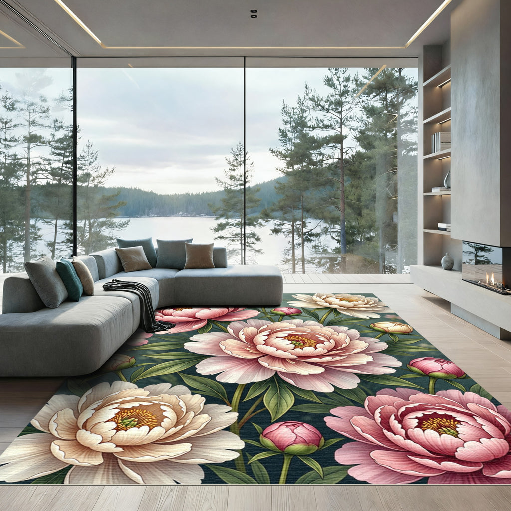 Soft Pink Ivory Peony Garden Blossoms Rug