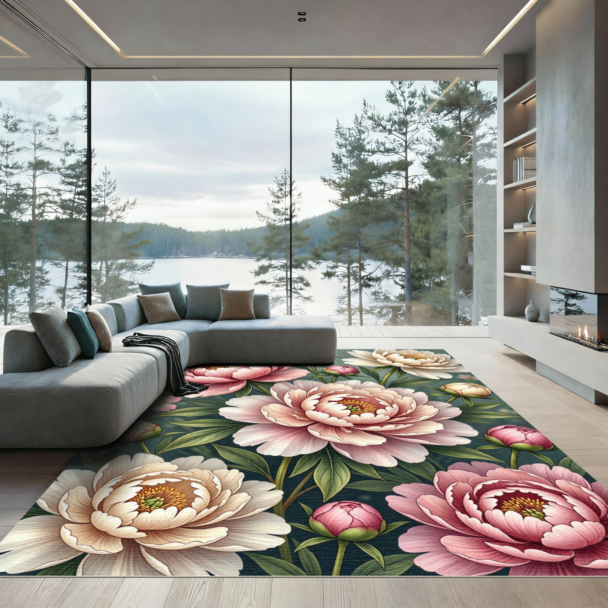 Soft Pink Ivory Peony Garden Blossoms Rug