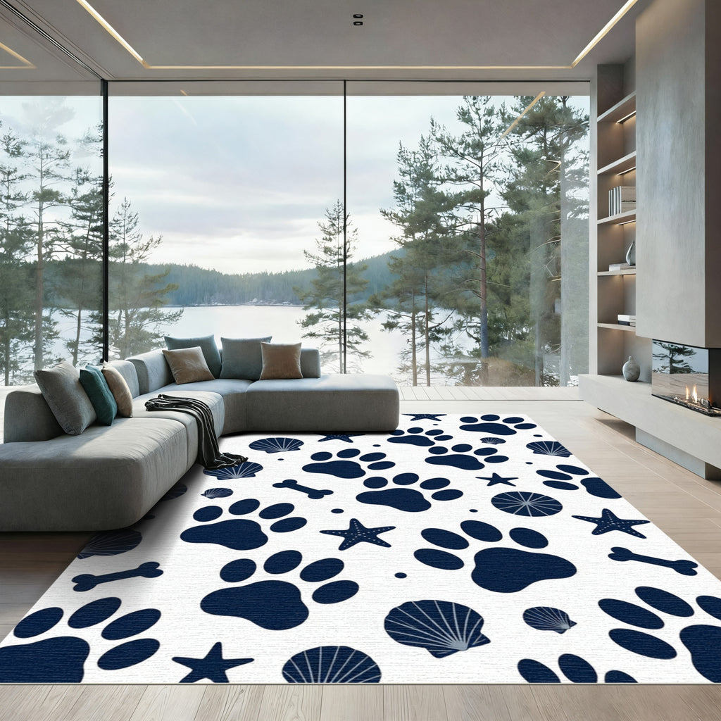 Navy Blue Nautical Animal Paw Shell Rug