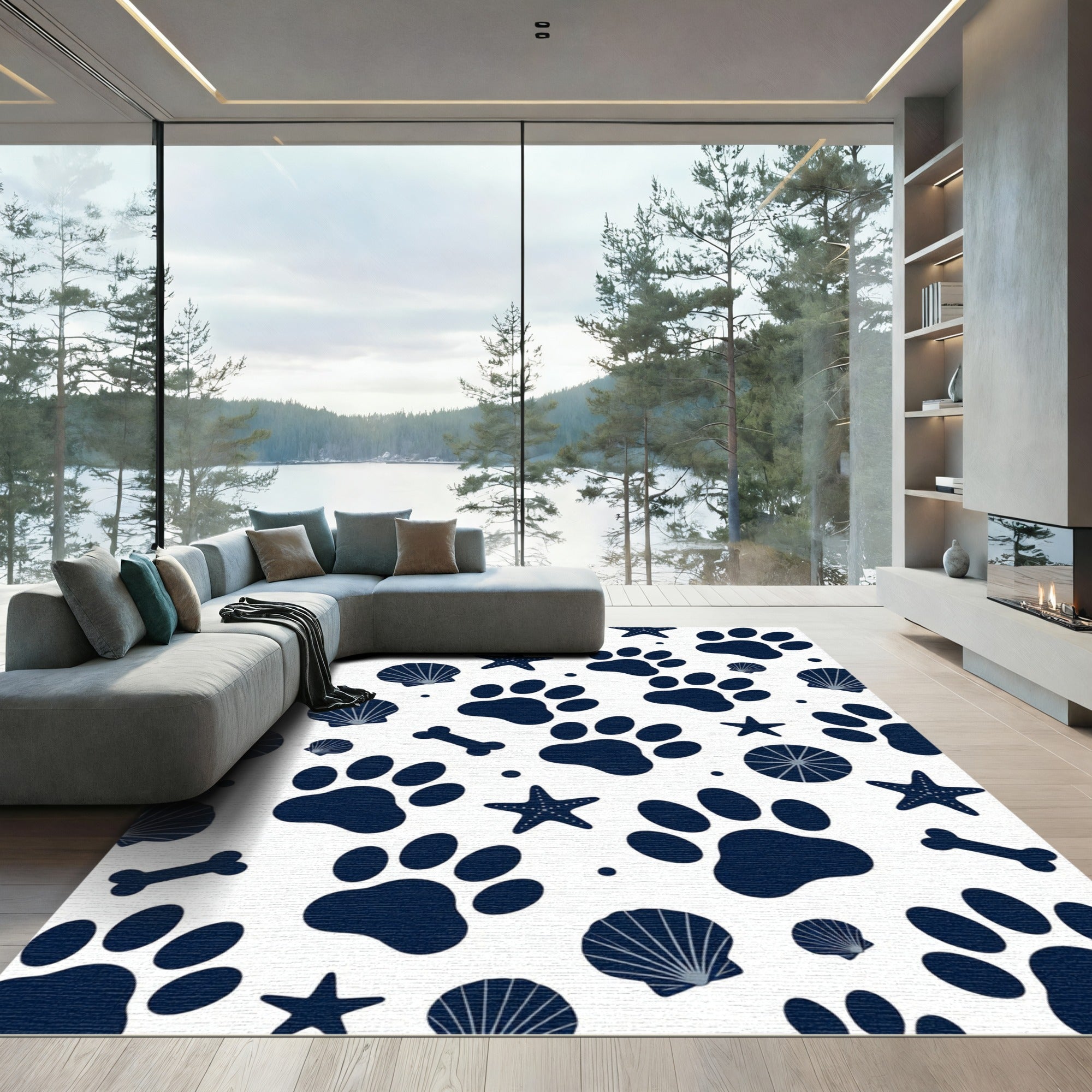 Navy Blue Nautical Animal Paw Shell Rug