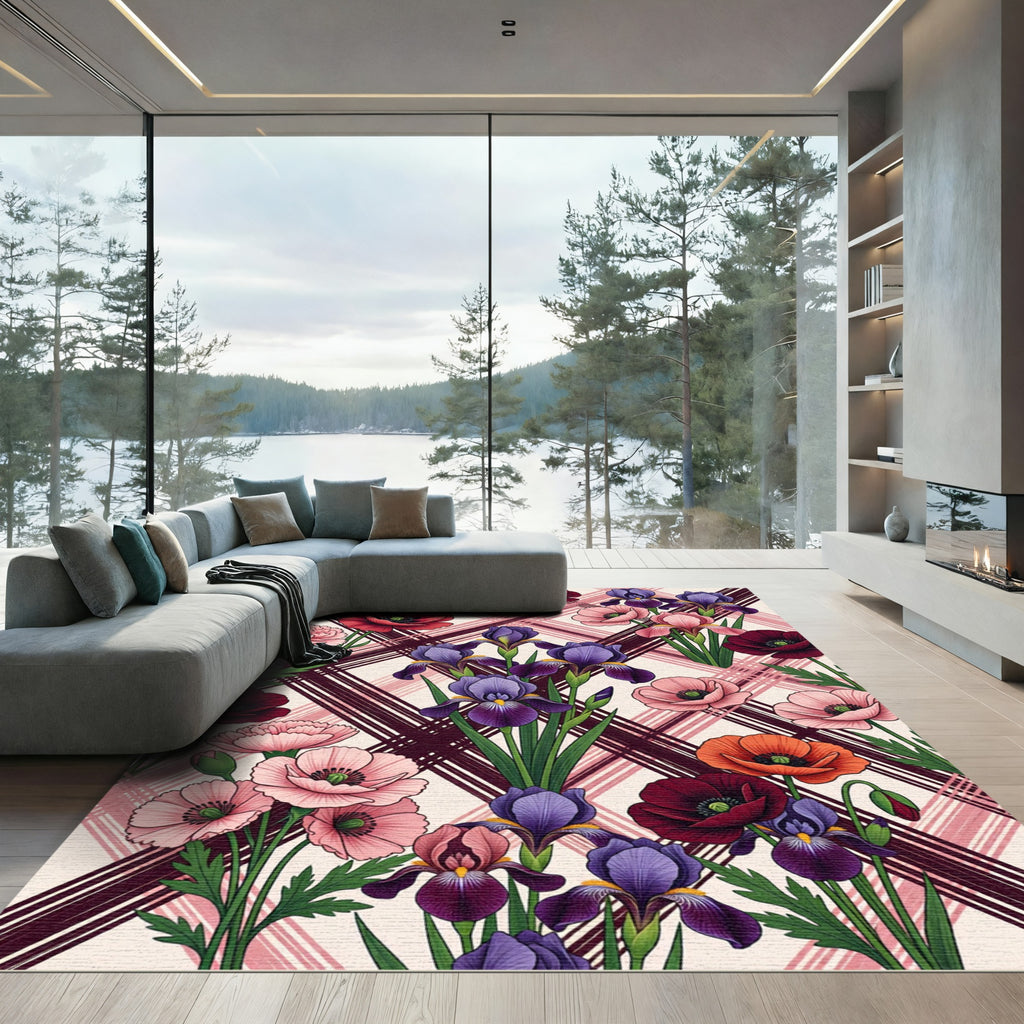 Vibrant Floral Irises Poppies Over Plaid Rug