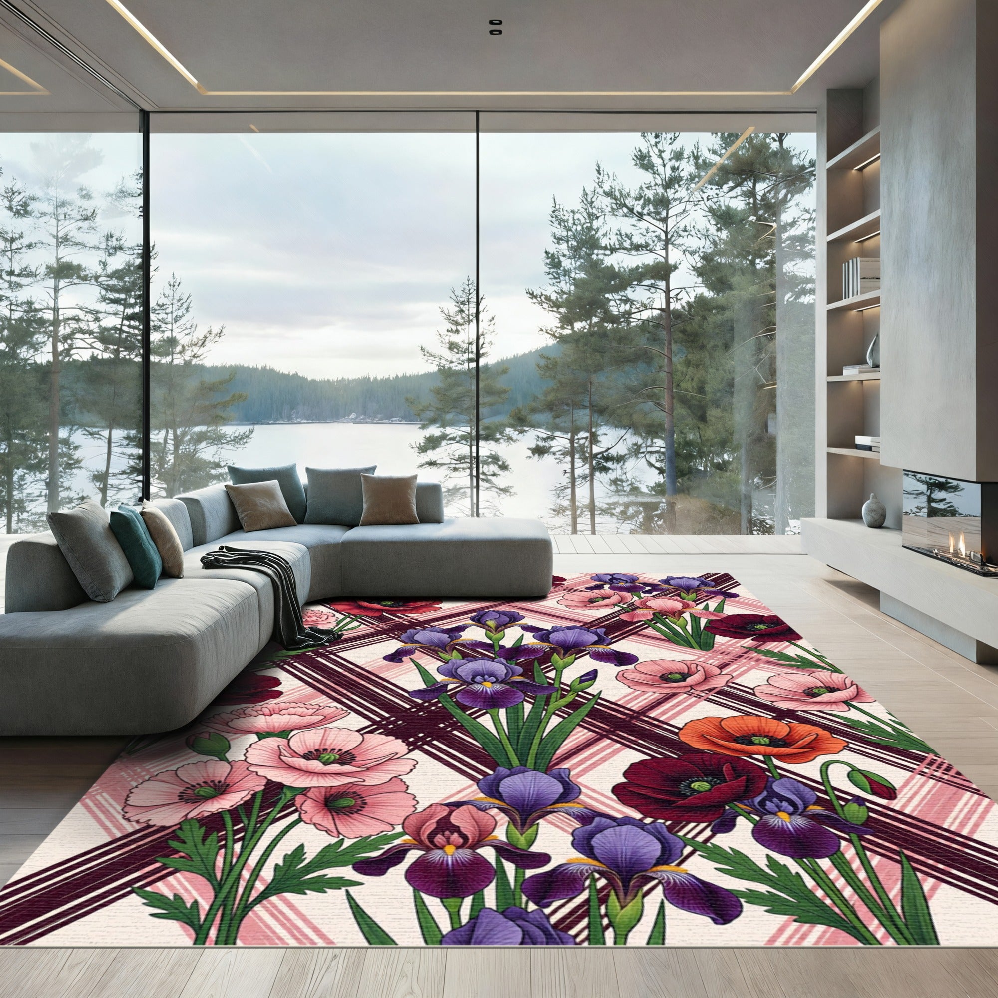 Vibrant Floral Irises Poppies Over Plaid Rug
