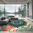 Teal Lotus Mandala Floral Art Rug