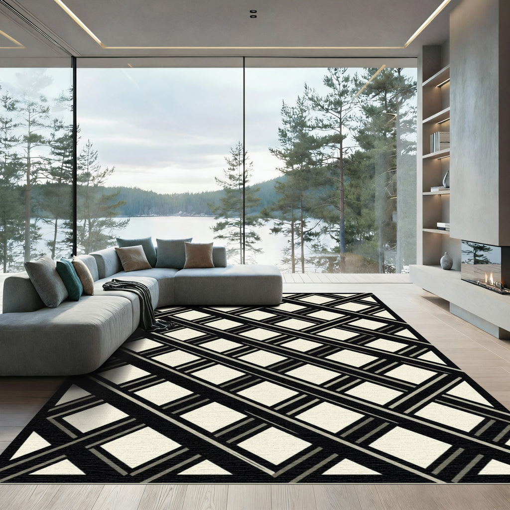 Modern Monochrome Geometric Diagonal Lattice Rug