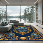 Regal Blue Gold Floral Crest Rug