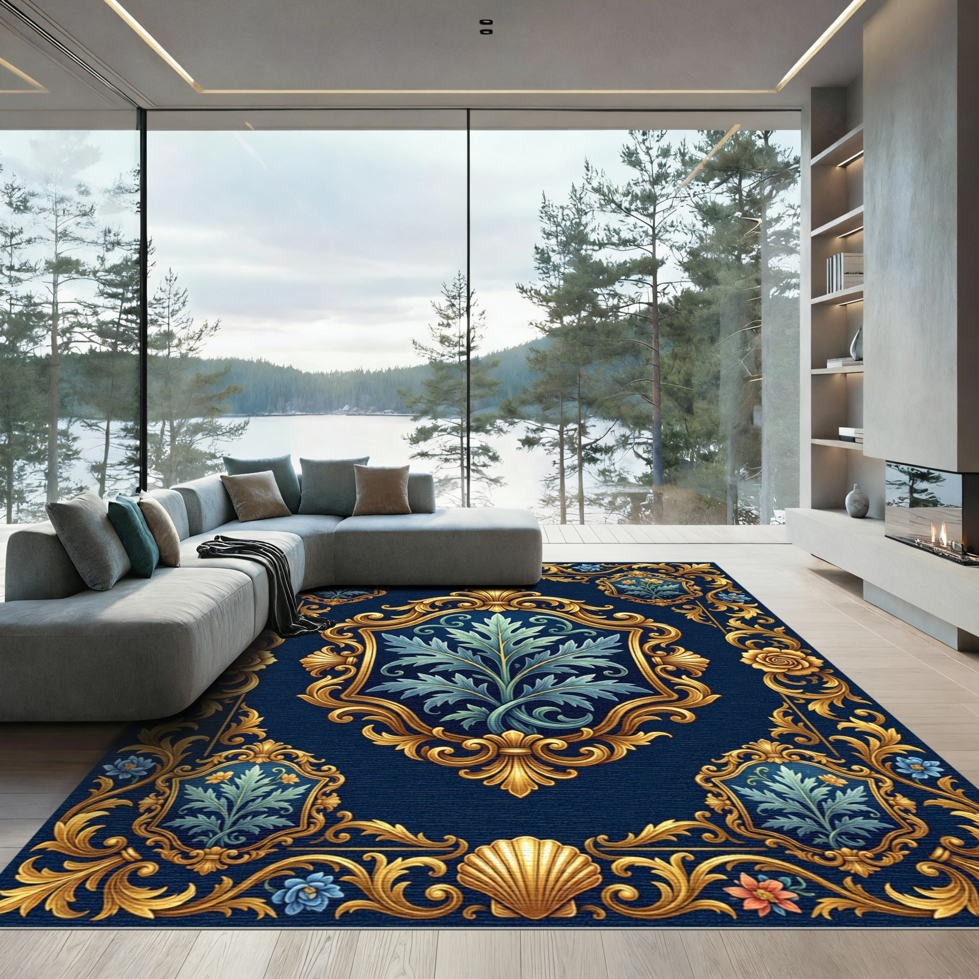 Regal Blue Gold Floral Crest Rug