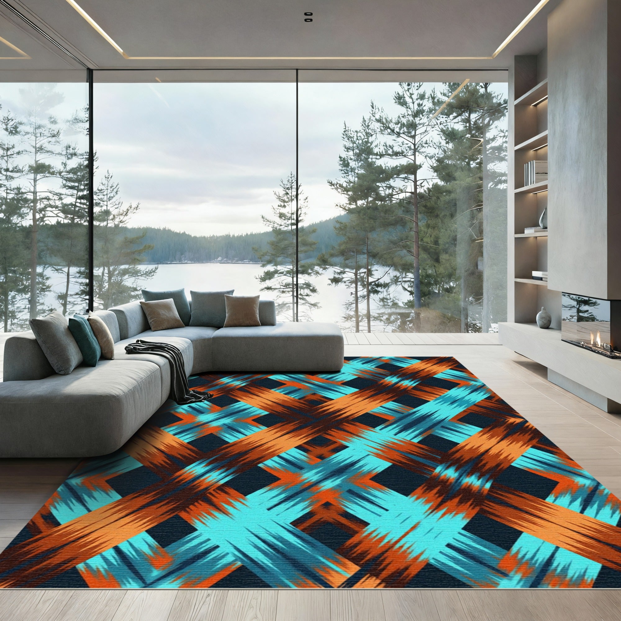 Textured Orange Aqua Intersecting Lattice Rug
