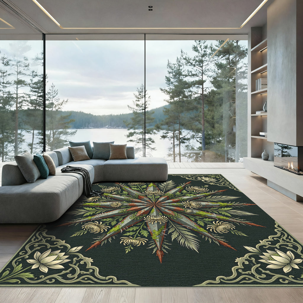 Rustic Starburst Floral Chrysanthemum Rug